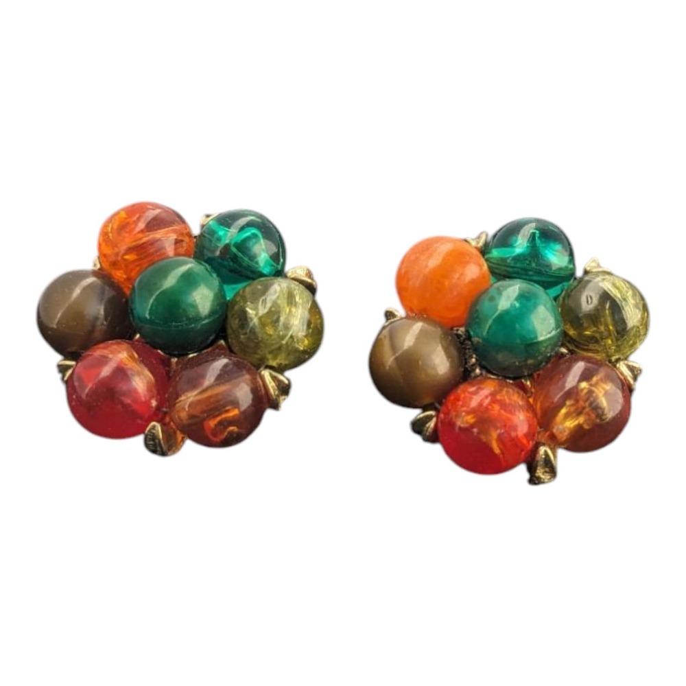 Vintage Kramer Green Moonglow Beads‎ Cluster Gold Tone Clip on Earrings